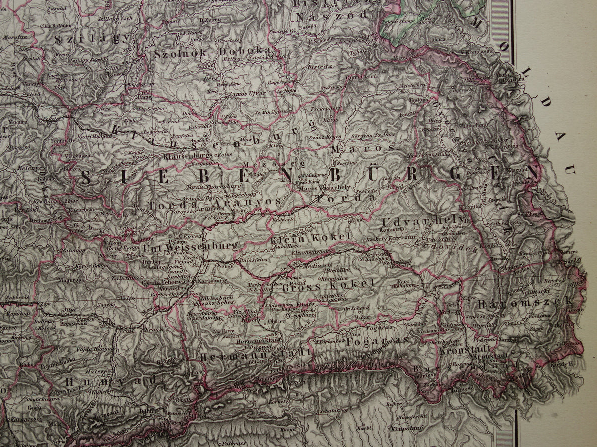 Hungary Romania vintage map from 1878 of Budapest Transylvania Original old antique map with date - historical maps Austria-Hungary