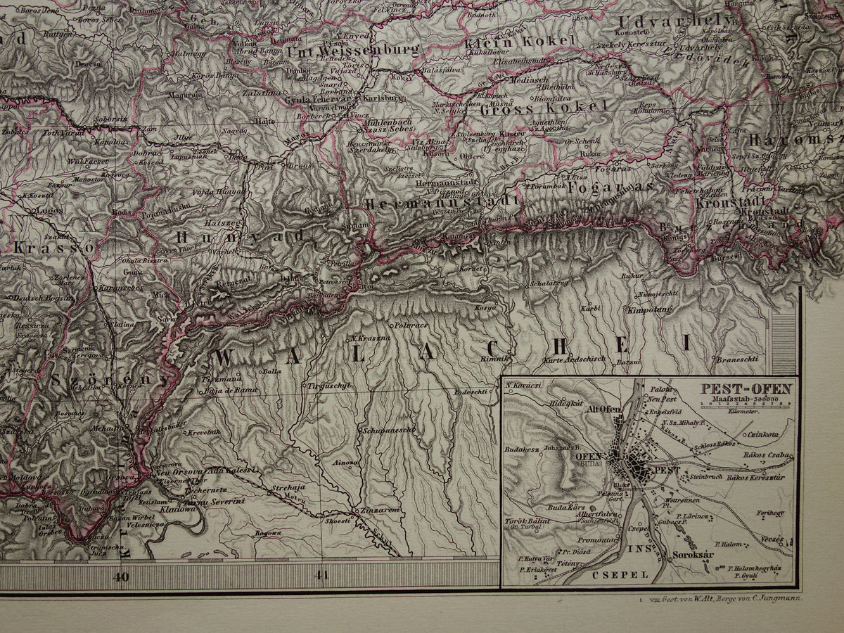 Hungary Romania vintage map from 1878 of Budapest Transylvania Original old antique map with date - historical maps Austria-Hungary