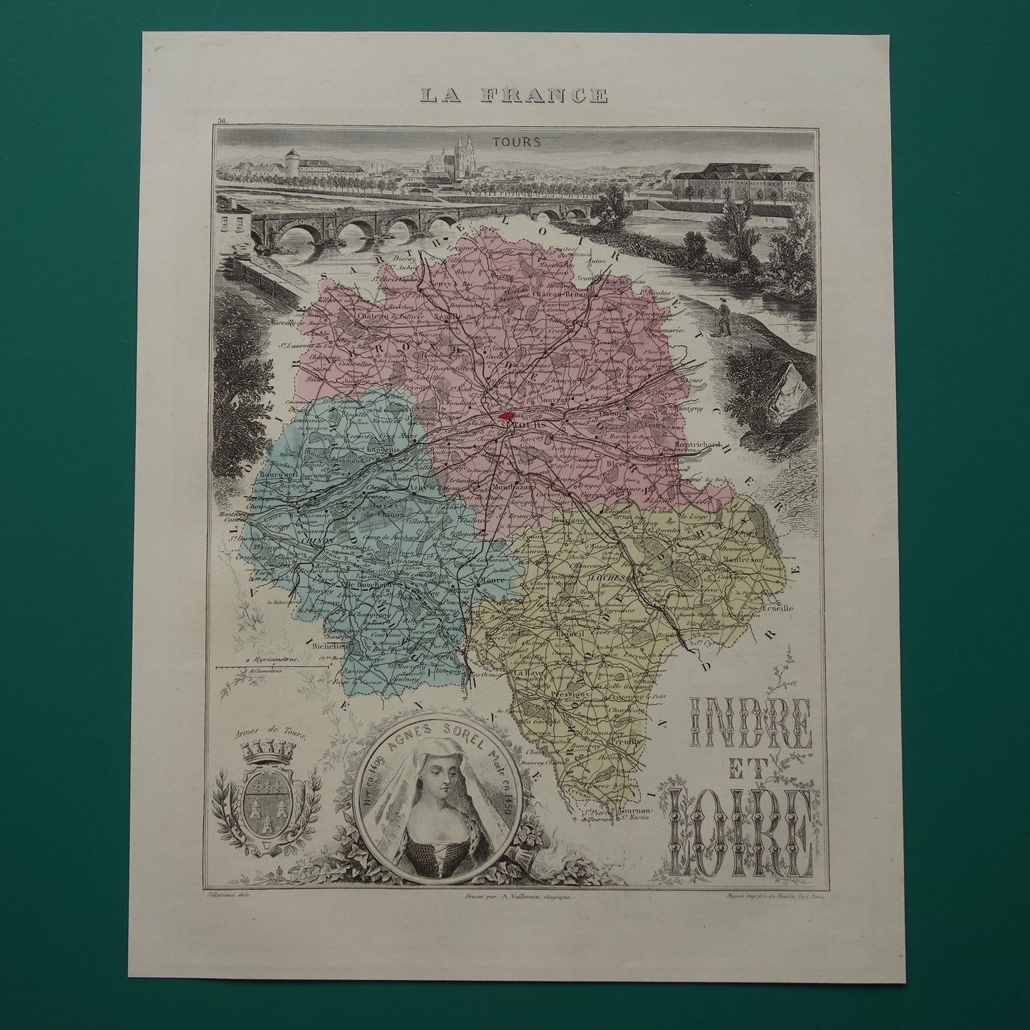 Indre-et-Loire departement Frankrijk oude kaart 1880 originele antieke landkaart Tours historische kaarten