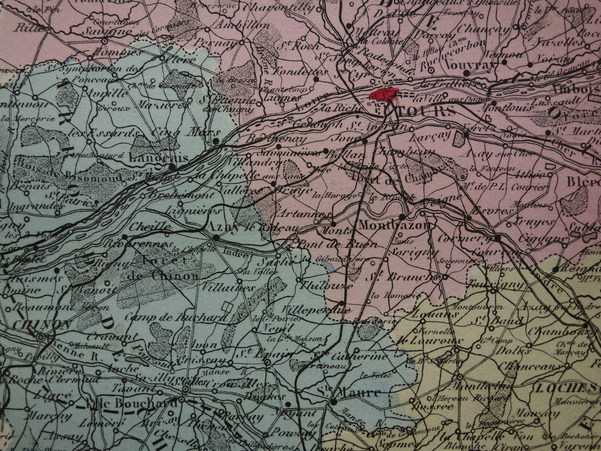Indre-et-Loire department France old map 1880 original antique map Tours historical maps