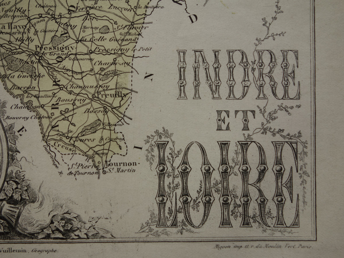 Indre-et-Loire department France old map 1880 original antique map Tours historical maps