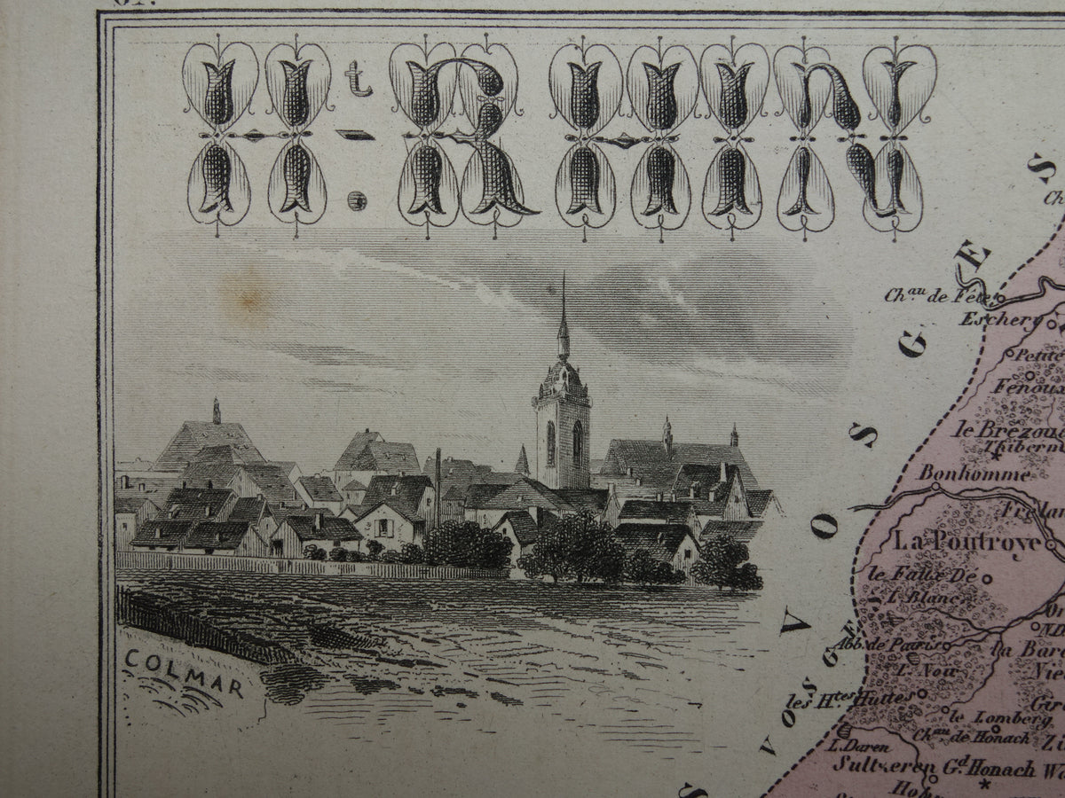 Haut-Rhin Frankrijk Oude kaart uit 1882 originele antieke handgekleurde landkaart Colmar