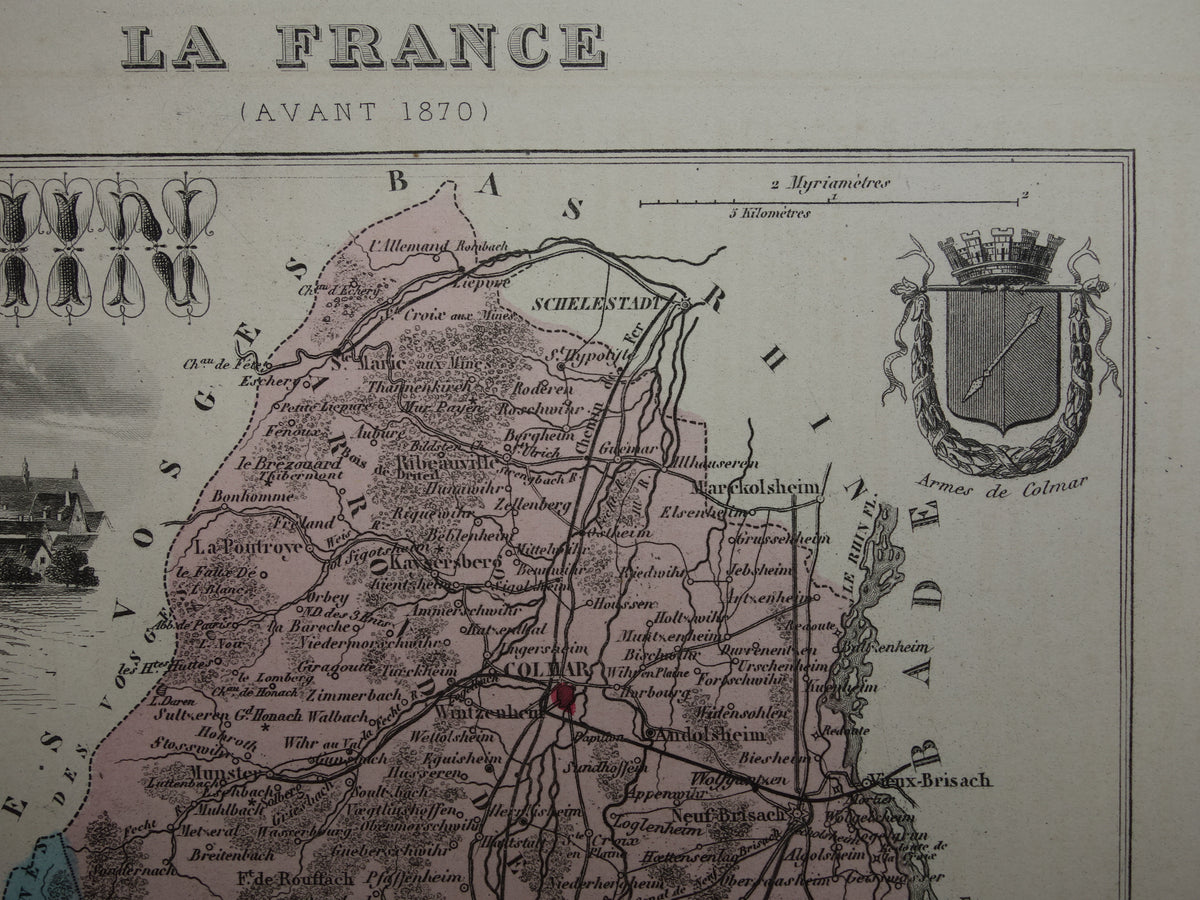 Haut-Rhin Frankrijk Oude kaart uit 1882 originele antieke handgekleurde landkaart Colmar
