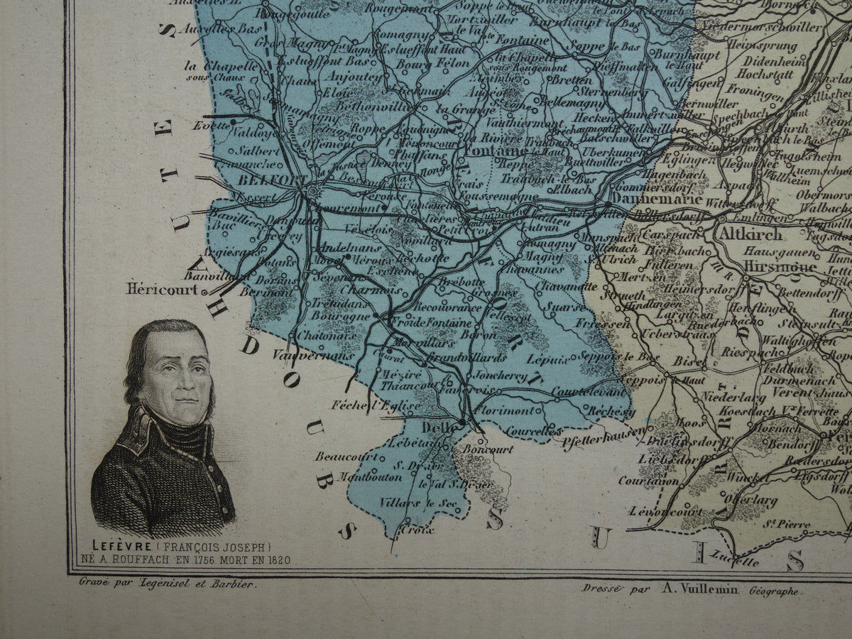 Haut-Rhin Frankrijk Oude kaart uit 1882 originele antieke handgekleurde landkaart Colmar