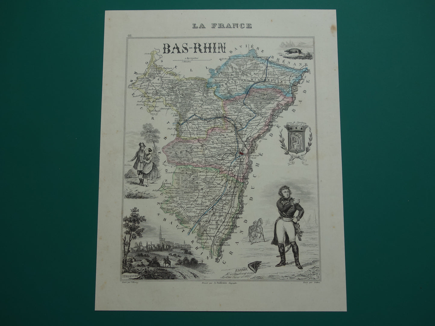 Old map of BAS-RHIN department in France from 1856 original antique hand-colored map Strasbourg
