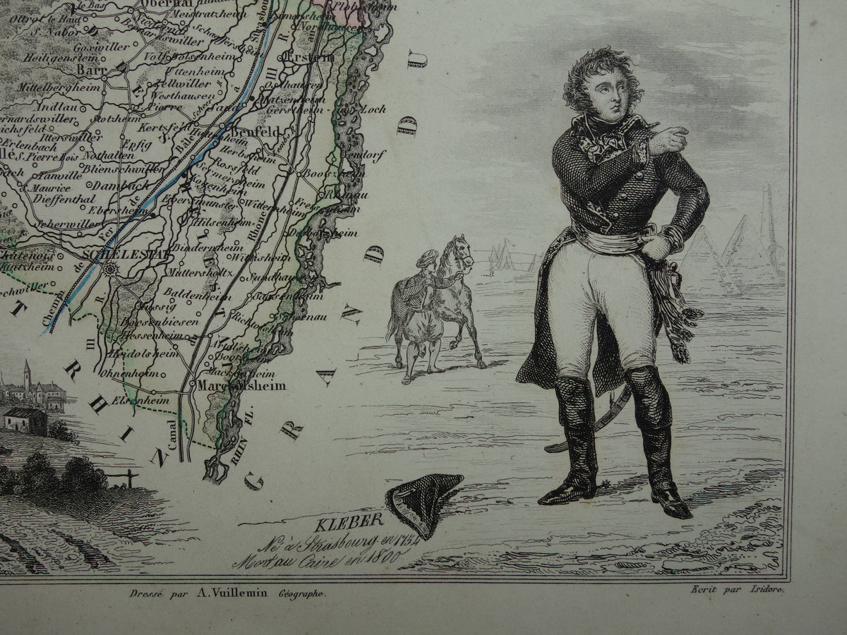 Oude kaart van BAS-RHIN departement in Frankrijk uit 1856 originele antieke handgekleurde landkaart Straatsburg