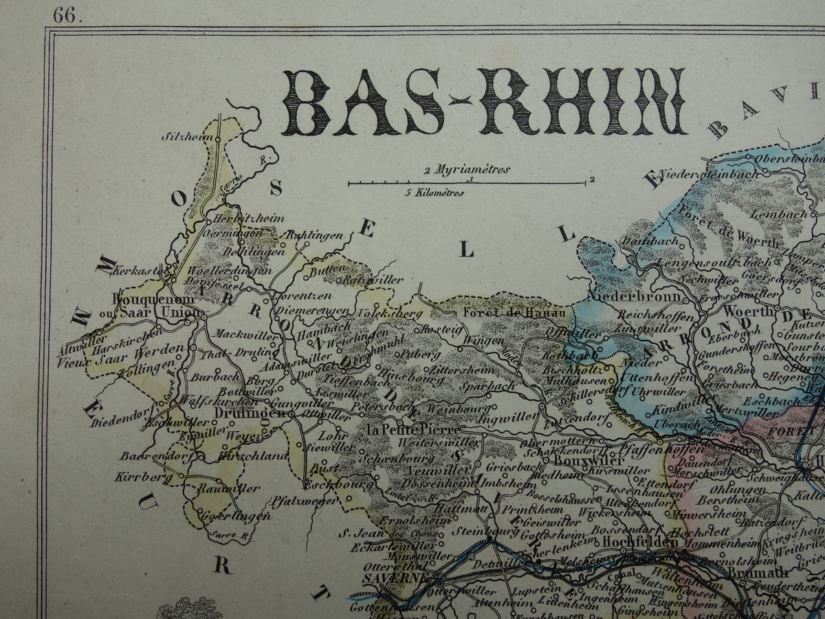 Oude kaart van BAS-RHIN departement in Frankrijk uit 1856 originele antieke handgekleurde landkaart Straatsburg