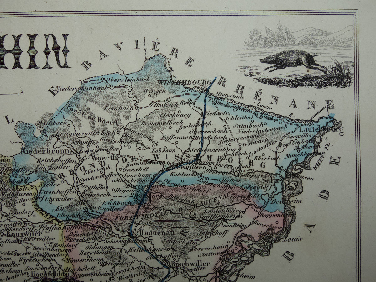 Oude kaart van BAS-RHIN departement in Frankrijk uit 1856 originele antieke handgekleurde landkaart Straatsburg