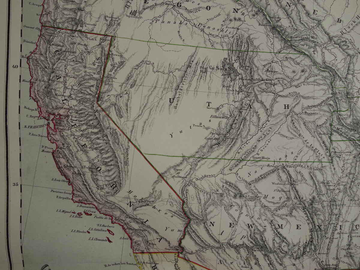 United States West Coast old map of USA in 1857 original antique map America vintage poster