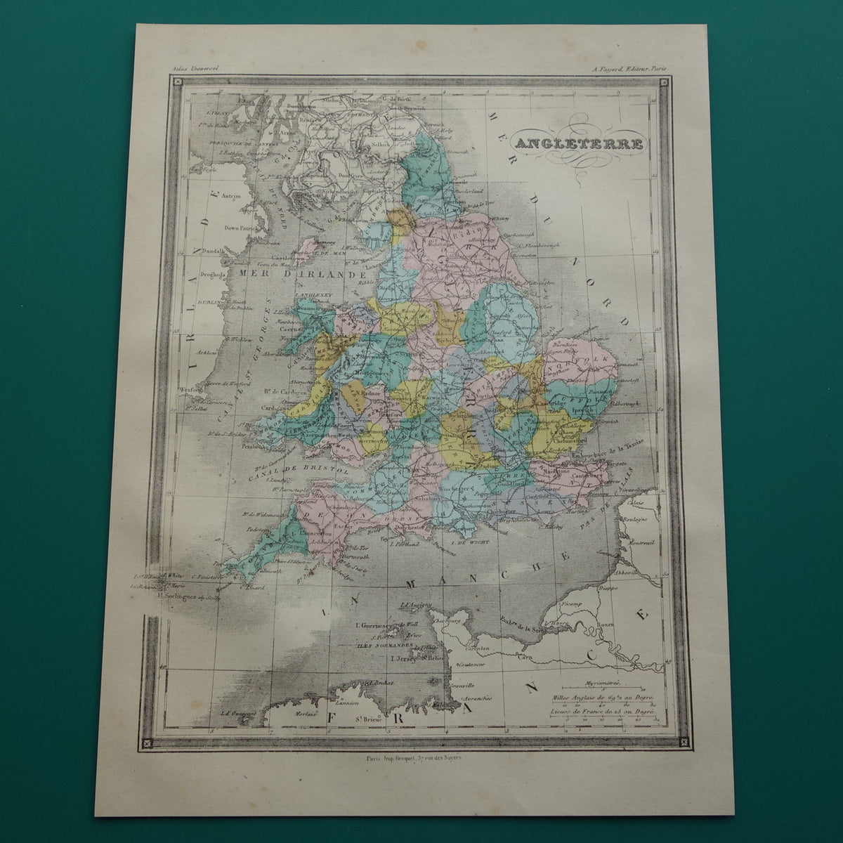 Oude kaart van Engeland en Wales uit 1877 originele antieke Franse handgekleurde landkaart van Engeland