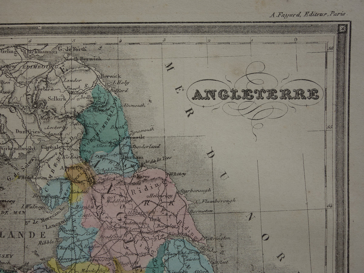 Old map of England and Wales from 1877 original antique French hand-colored map of England