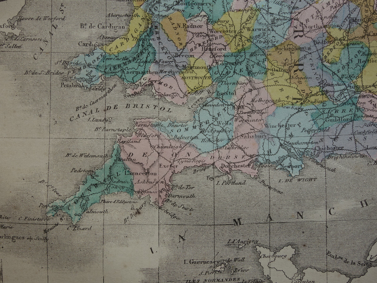 Old map of England and Wales from 1877 original antique French hand-colored map of England