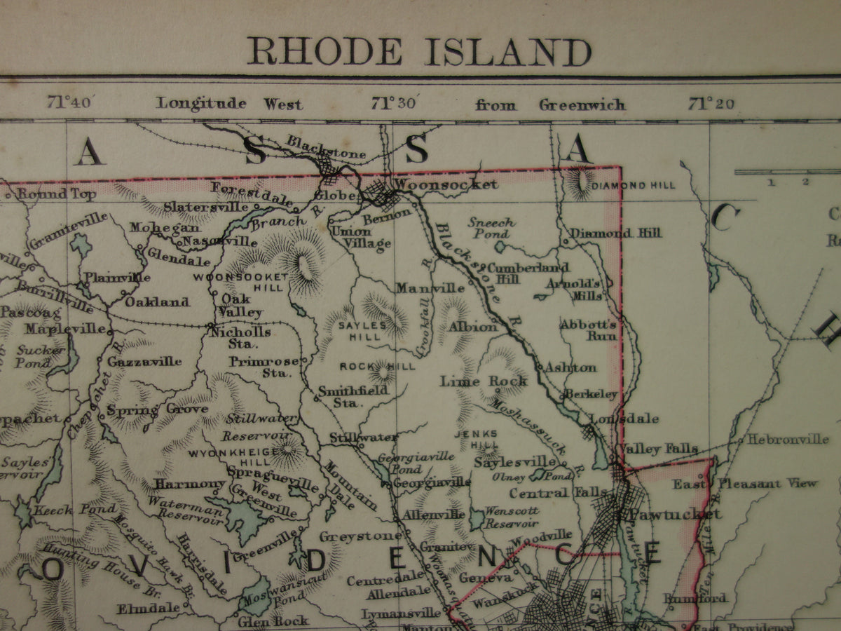 Original Old Map of Rhode Island from 1886 Antique English Map RI State USA