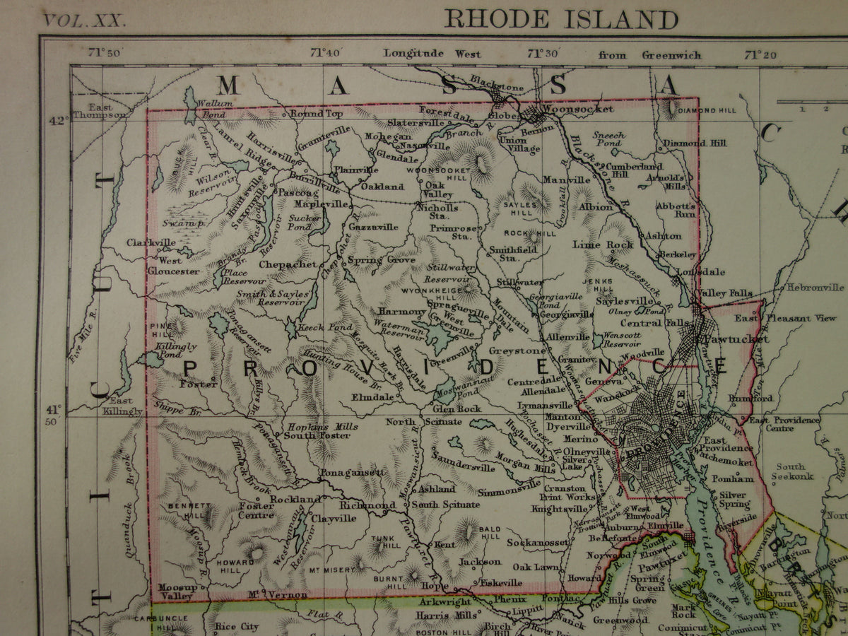 Original Old Map of Rhode Island from 1886 Antique English Map RI State USA