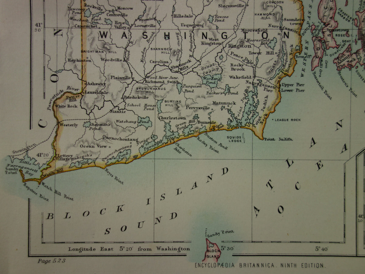 Original Old Map of Rhode Island from 1886 Antique English Map RI State USA