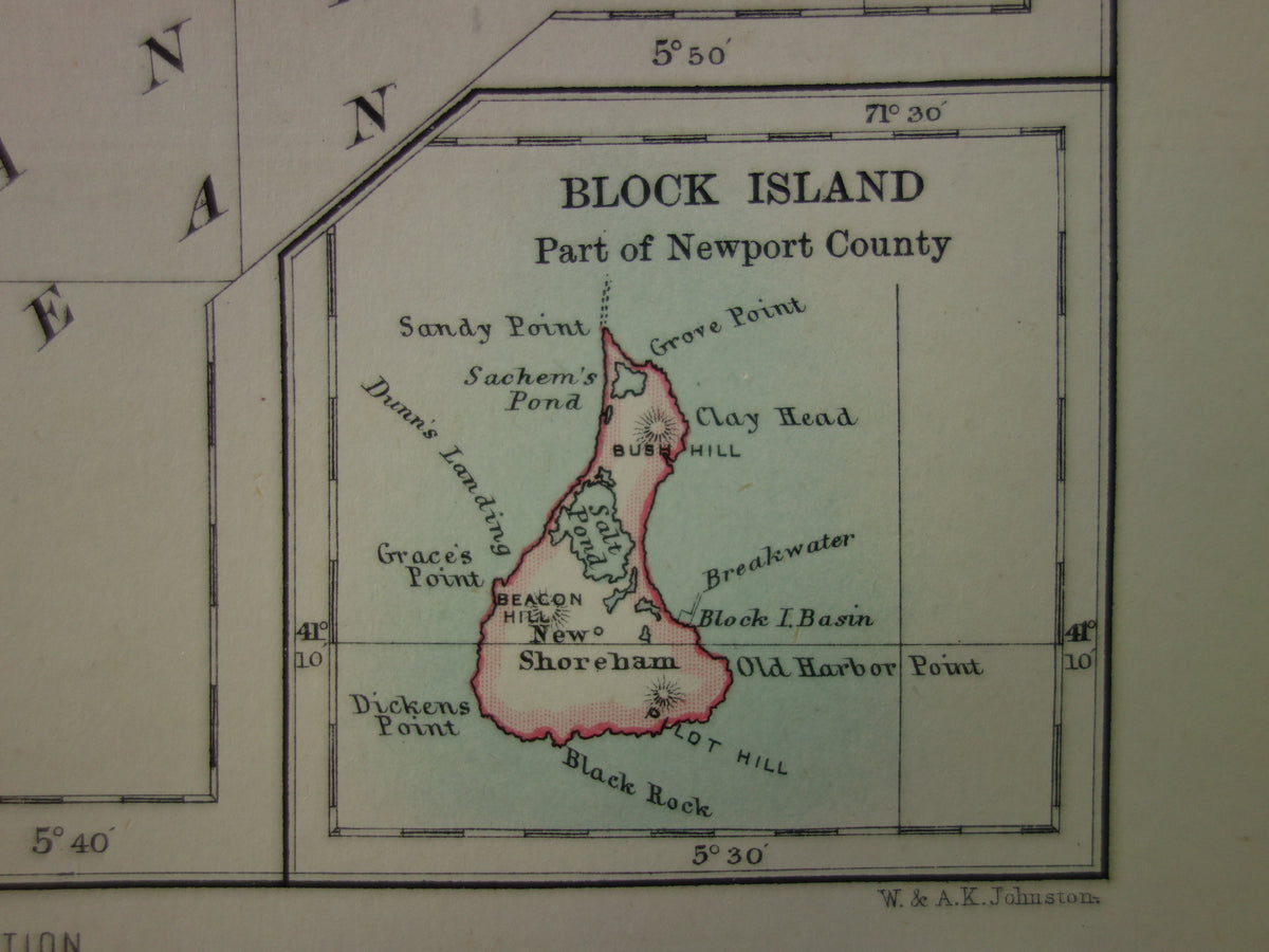 Original Old Map of Rhode Island from 1886 Antique English Map RI State USA