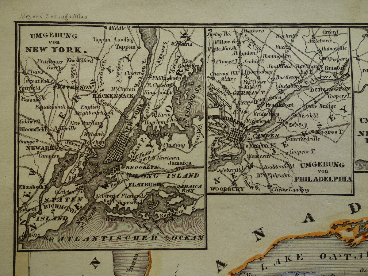 Oude kaart van de noordoostkust van de VS uit 1850 met de staten New York New Jersey Pennsylvania - antieke landkaart met jaartal