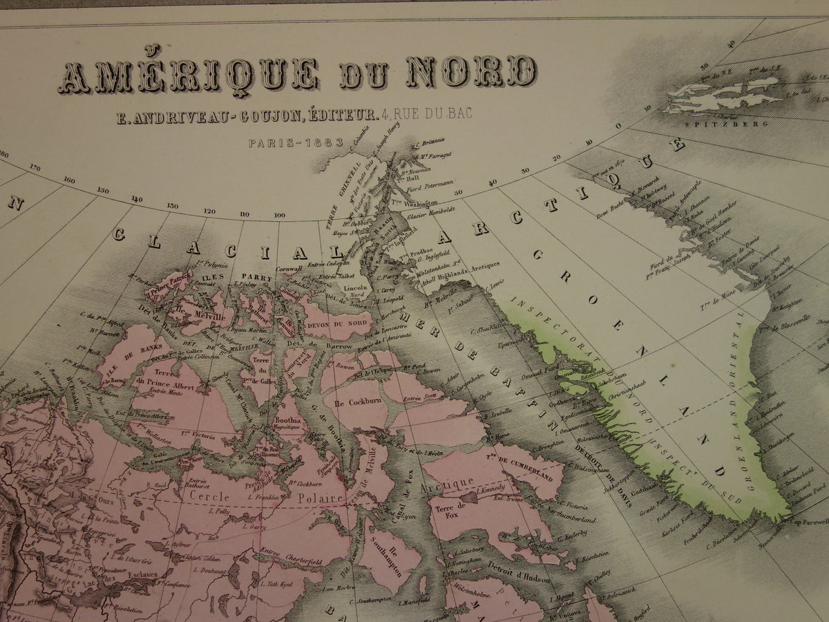 NORTH AMERICA Large old map from 1883 original antique French map Canada United States Mexico
