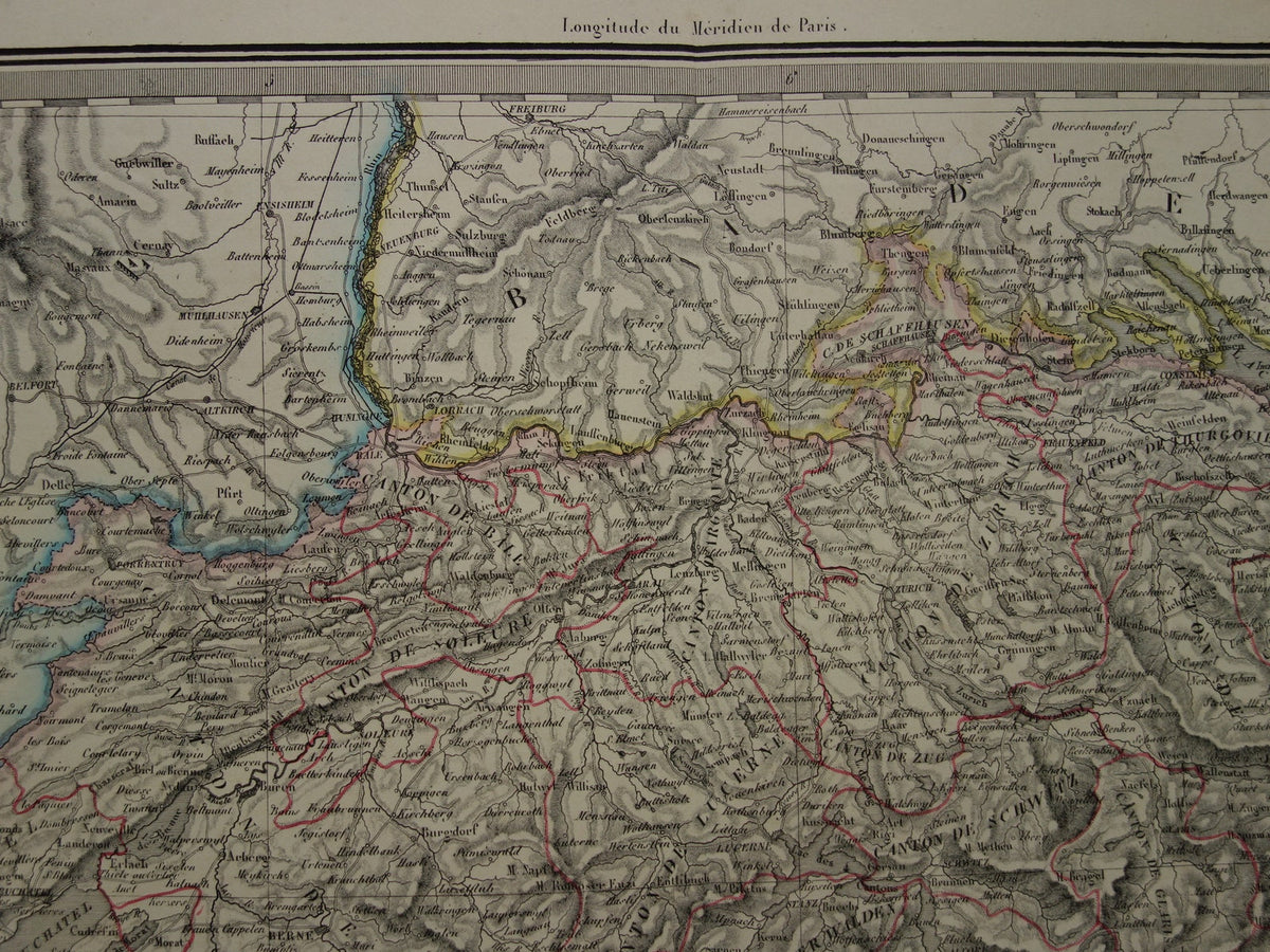 SWITZERLAND Large old map from 1851 original antique French map with date