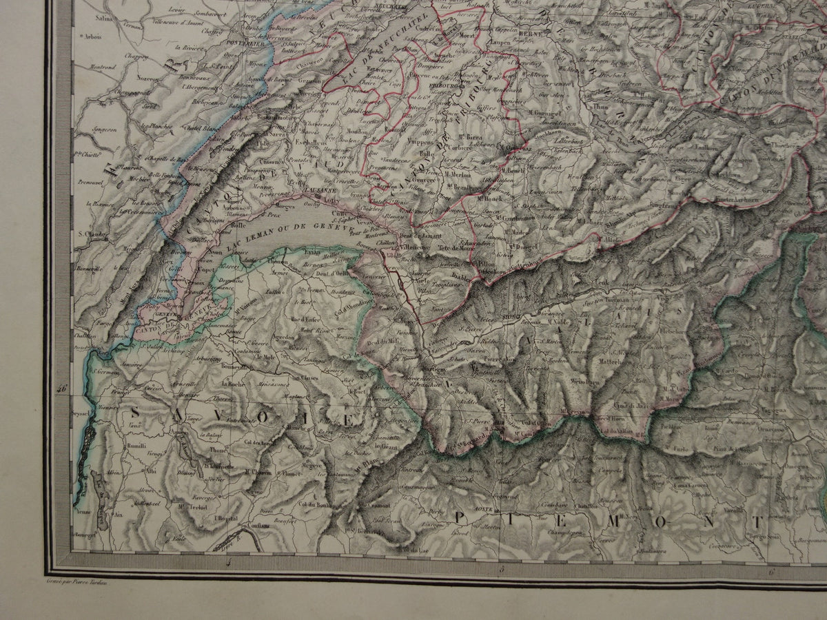 SWITZERLAND Large old map from 1851 original antique French map with date