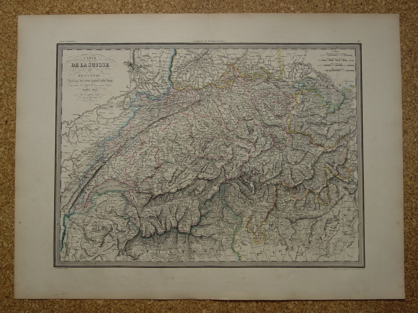 SWITZERLAND Large old map from 1851 original antique French map with date