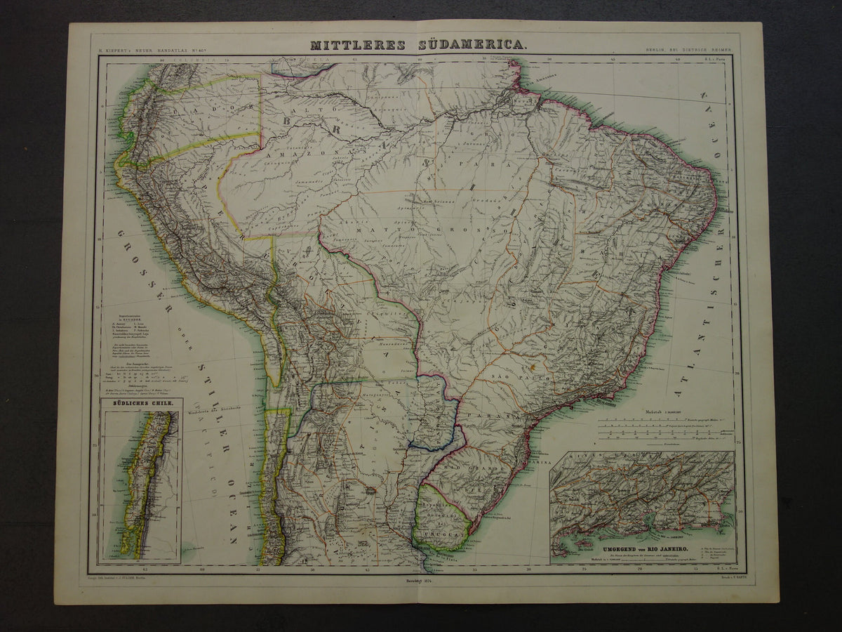Oude kaart van Brazilië uit 1874 Originele antieke handgekleurde landkaart met jaartal