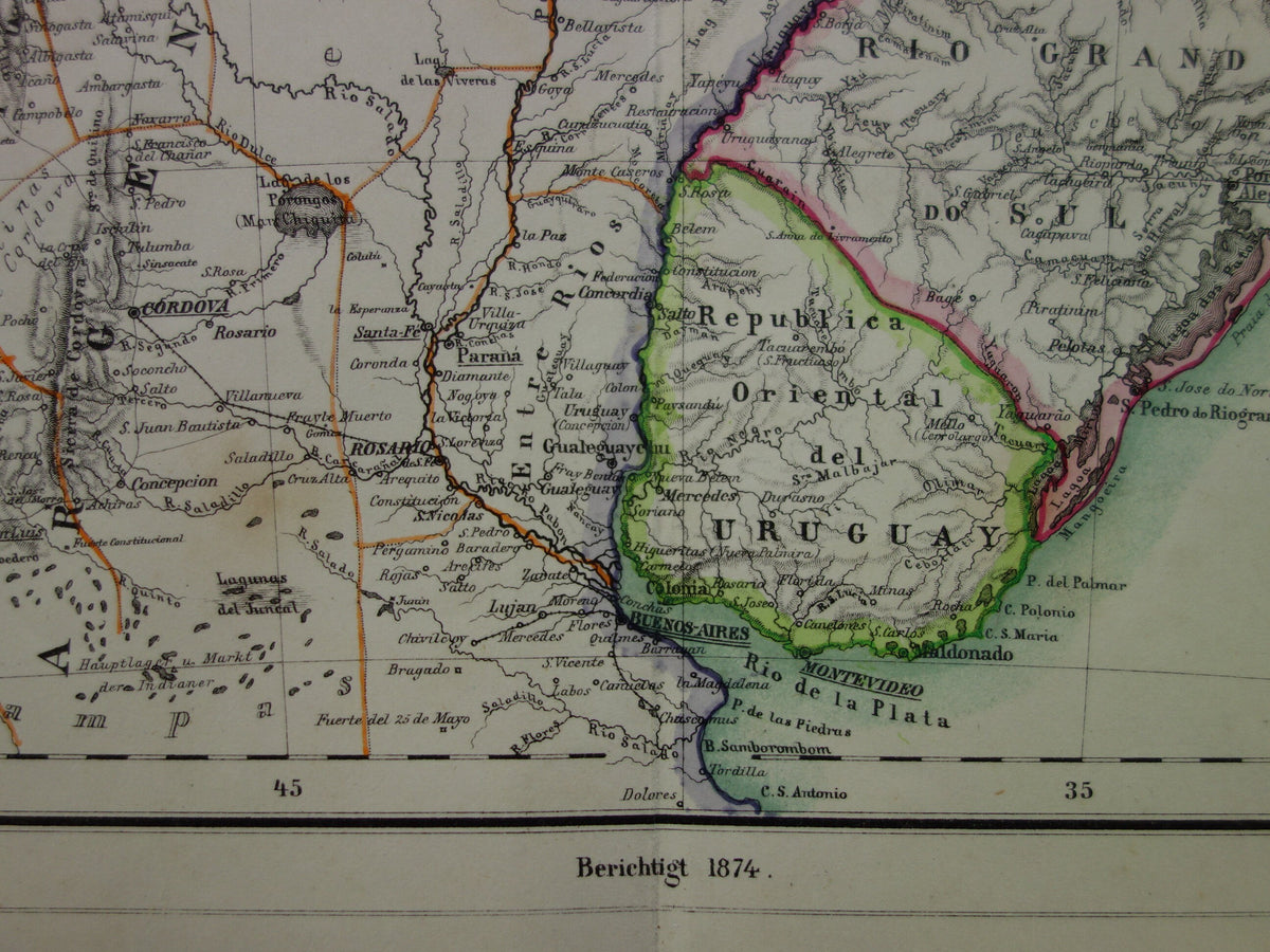 Oude kaart van Brazilië uit 1874 Originele antieke handgekleurde landkaart met jaartal