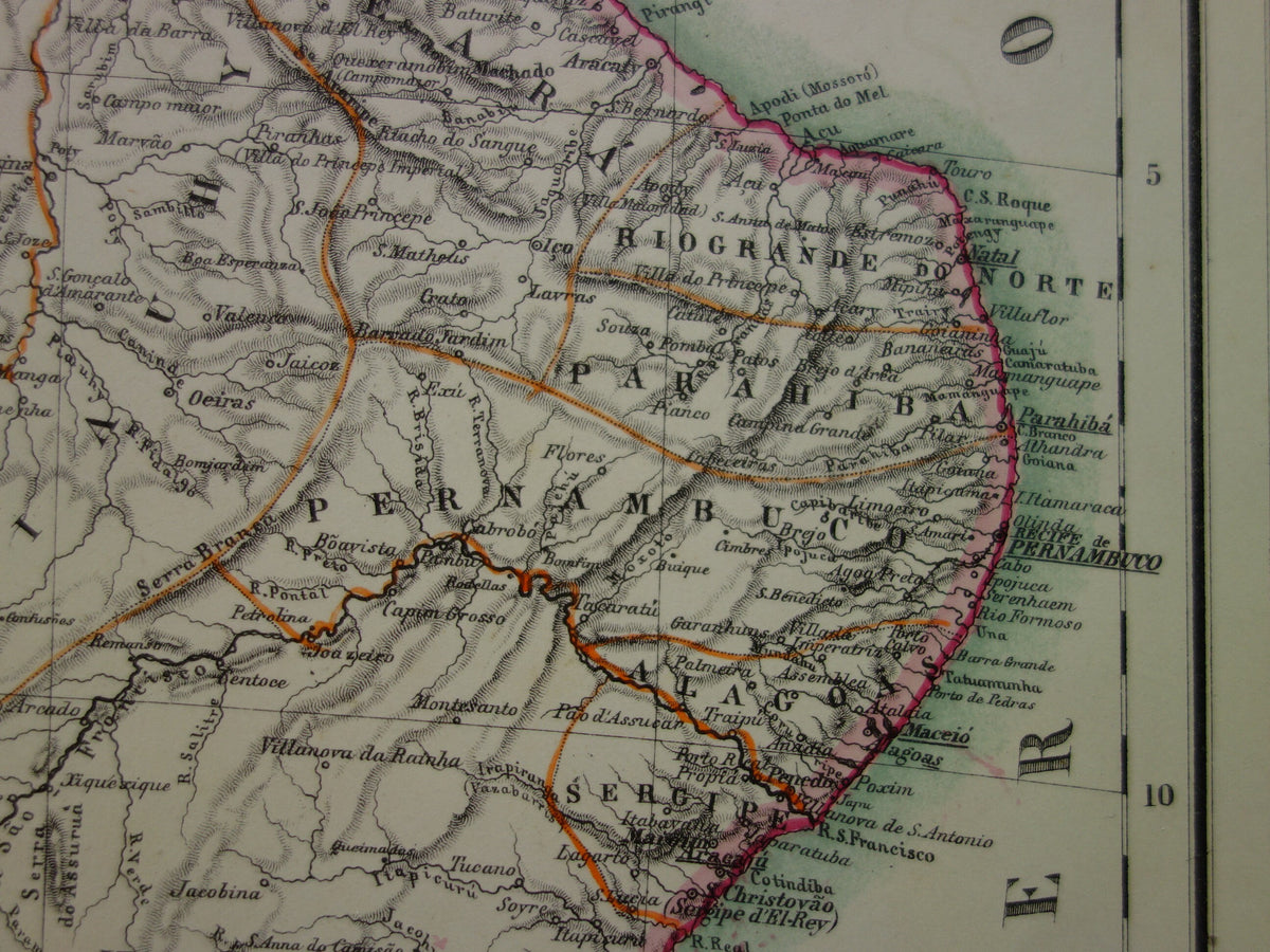 Oude kaart van Brazilië uit 1874 Originele antieke handgekleurde landkaart met jaartal