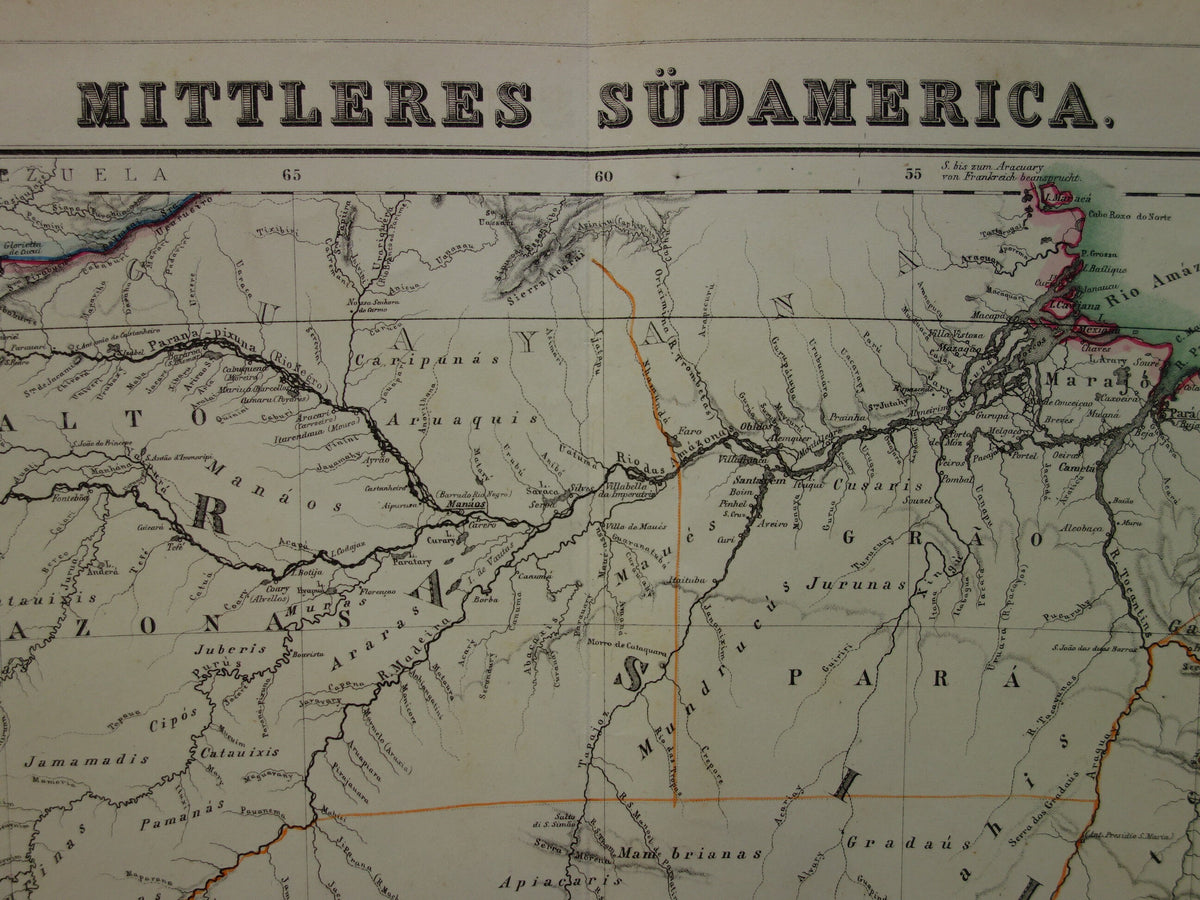 Oude kaart van Brazilië uit 1874 Originele antieke handgekleurde landkaart met jaartal