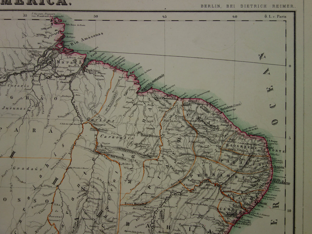 Oude kaart van Brazilië uit 1874 Originele antieke handgekleurde landkaart met jaartal