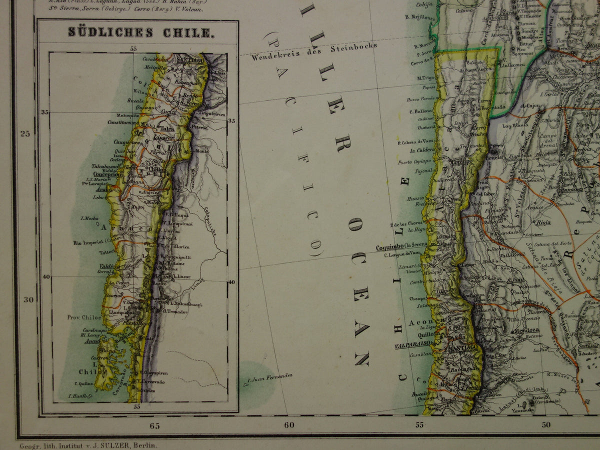 Oude kaart van Brazilië uit 1874 Originele antieke handgekleurde landkaart met jaartal