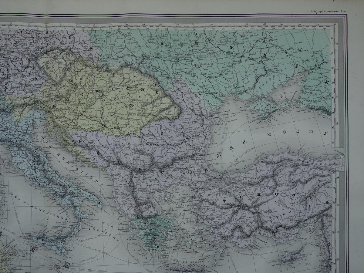 MEDITERRANEAN SEA Large old map of Mediterranean Sea area from 1880 original antique hand-colored map