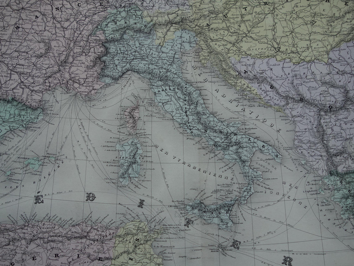 MEDITERRANEAN SEA Large old map of Mediterranean Sea area from 1880 original antique hand-colored map