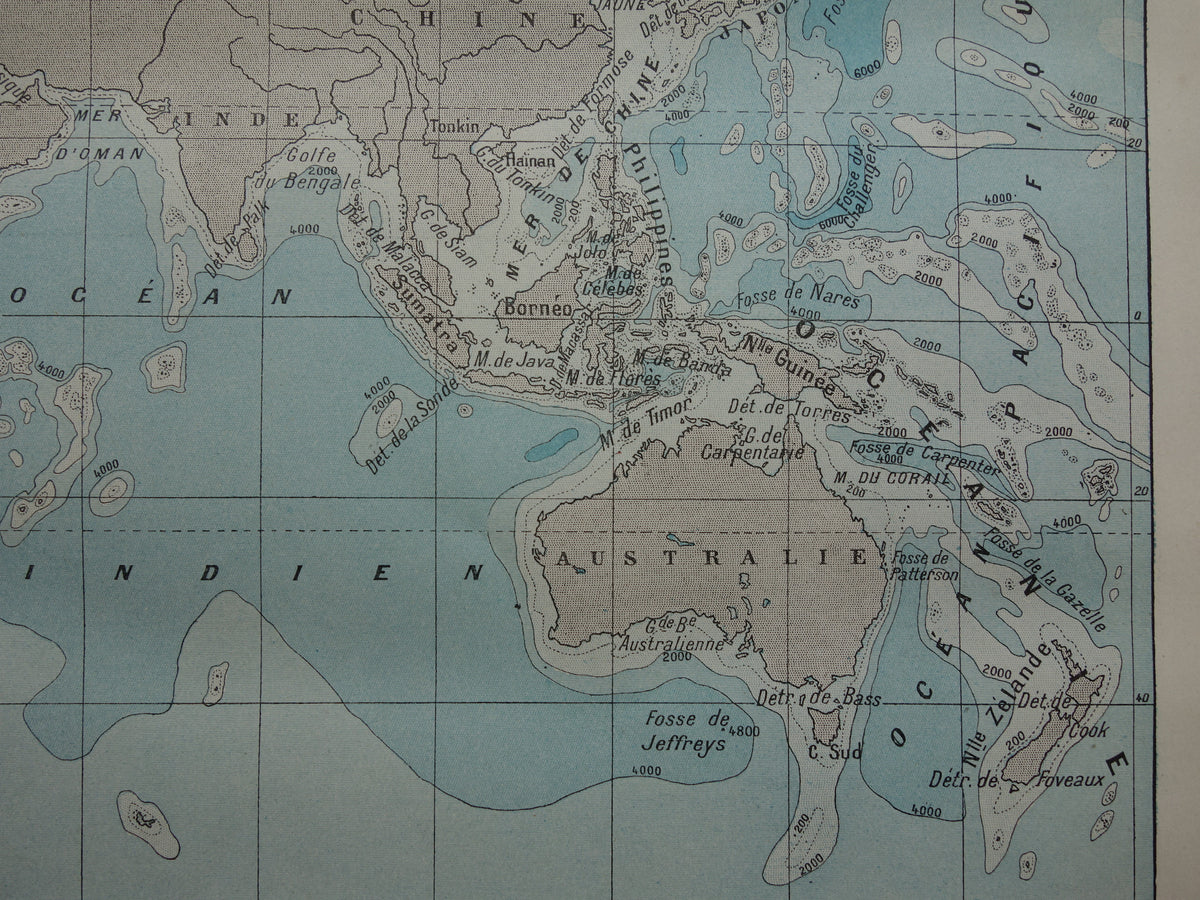 Oude wereldkaart van Oceanen 1902 originele antieke kaart / zeekaart zeediepte