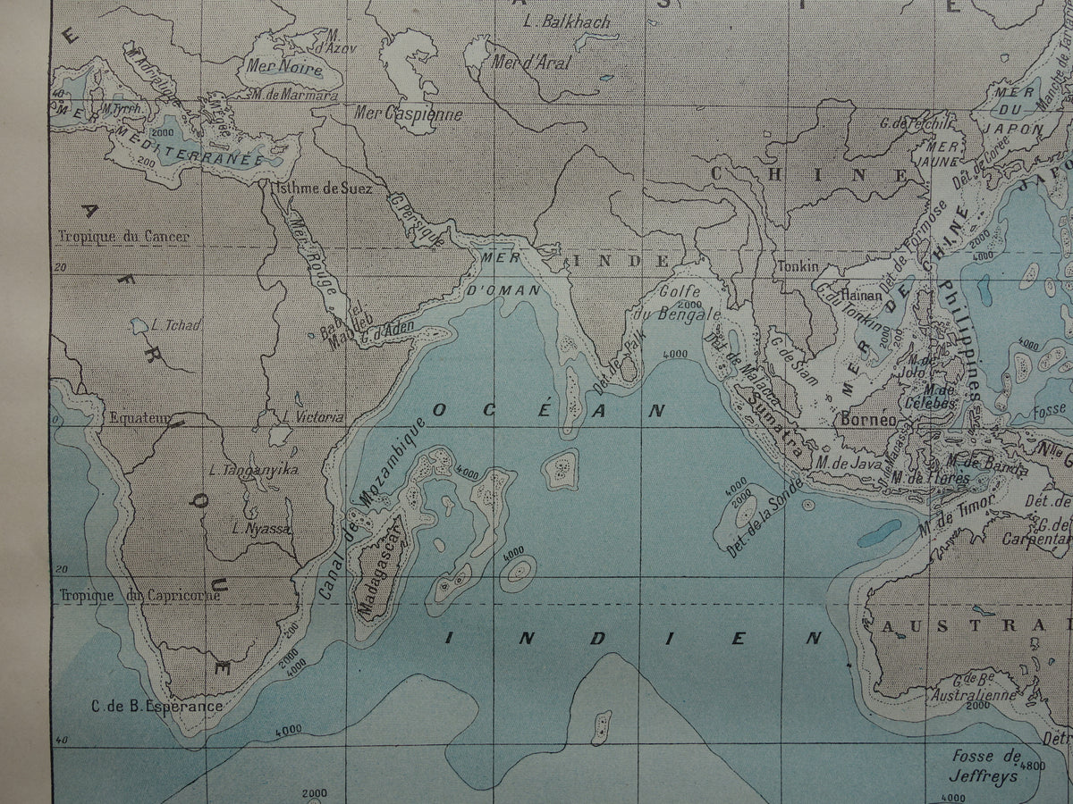Oude wereldkaart van Oceanen 1902 originele antieke kaart / zeekaart zeediepte