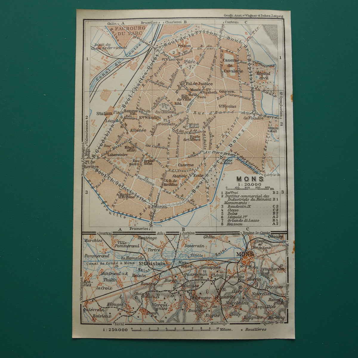 MONS oude kaart van Bergen België uit 1914 kleine originele antieke plattegrond landkaart Mons / Bergen