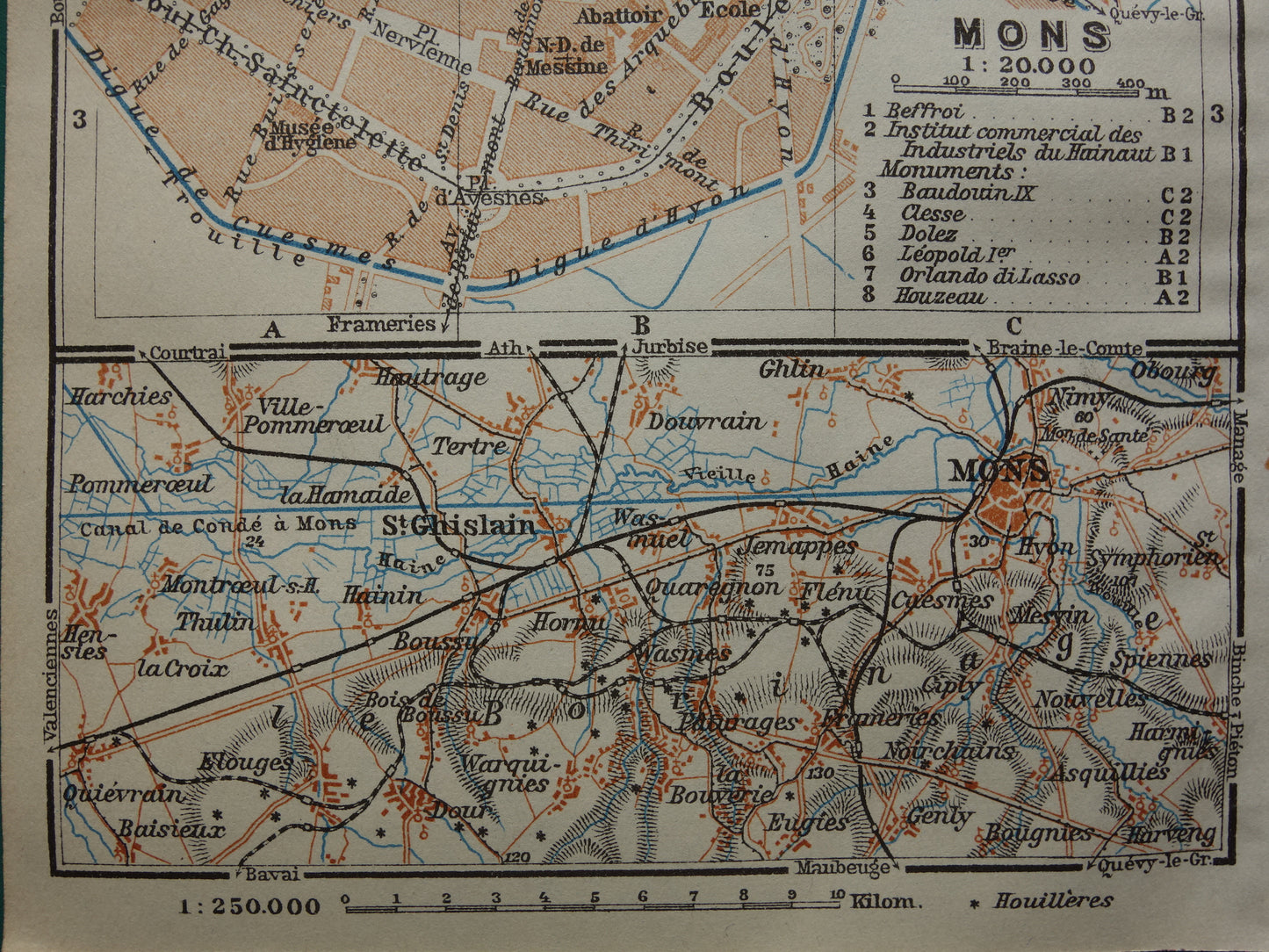 MONS old map of Bergen Belgium from 1914 small original antique map map Mons / Bergen