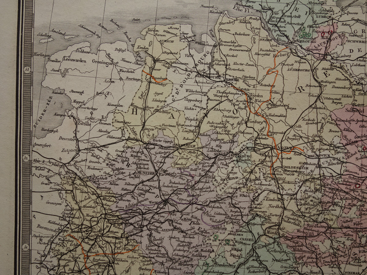 Prussia large old map of Germany from 1876 original antique hand colored map poster