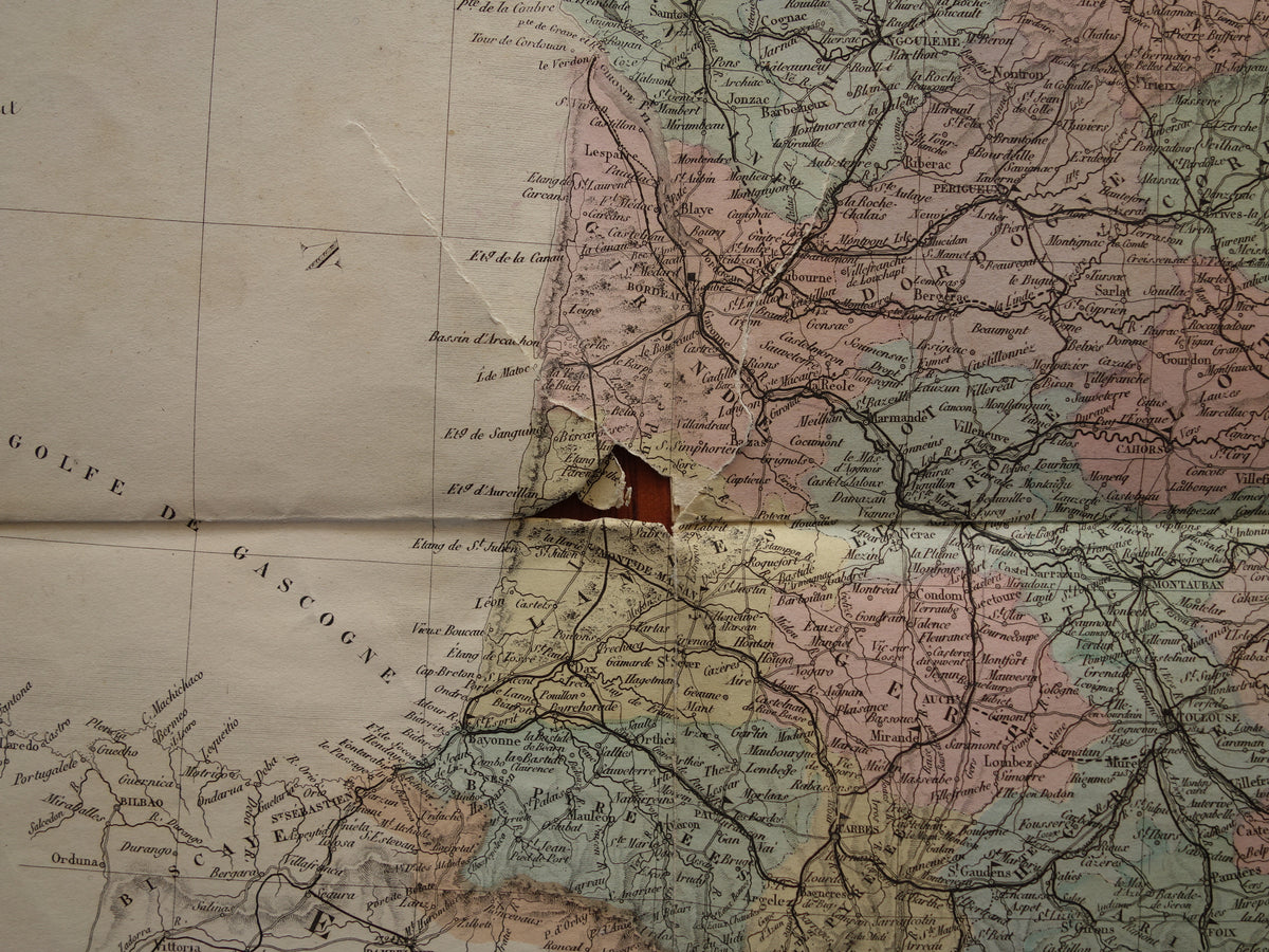 Large old French map of France WITH DAMAGE from 1876 original antique hand colored map poster