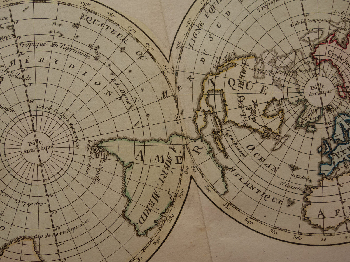 Oude wereldkaart uit 1761 Grote originele historische kaart van de wereld Dubbele hemisfeer met jaartal