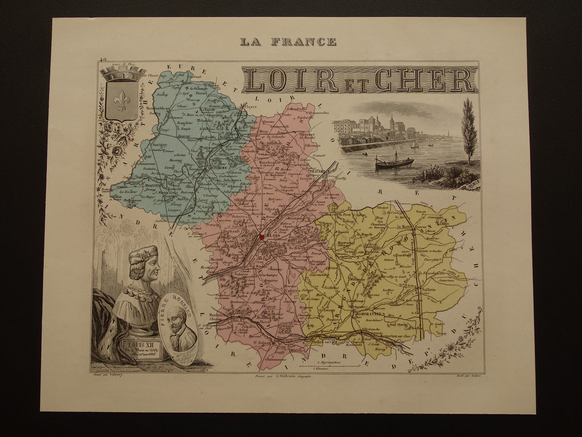 Oude kaart van Loir et Cher departement in Frankrijk uit 1876 originele antieke handgekleurde landkaart Blois Vendôme Vineuil Salbris