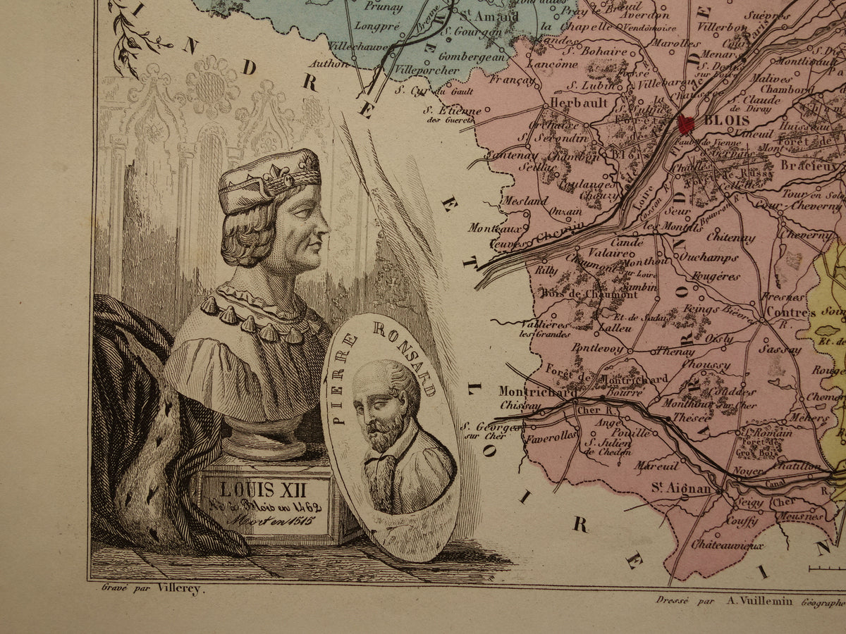 Oude kaart van Loir et Cher departement in Frankrijk uit 1876 originele antieke handgekleurde landkaart Blois Vendôme Vineuil Salbris