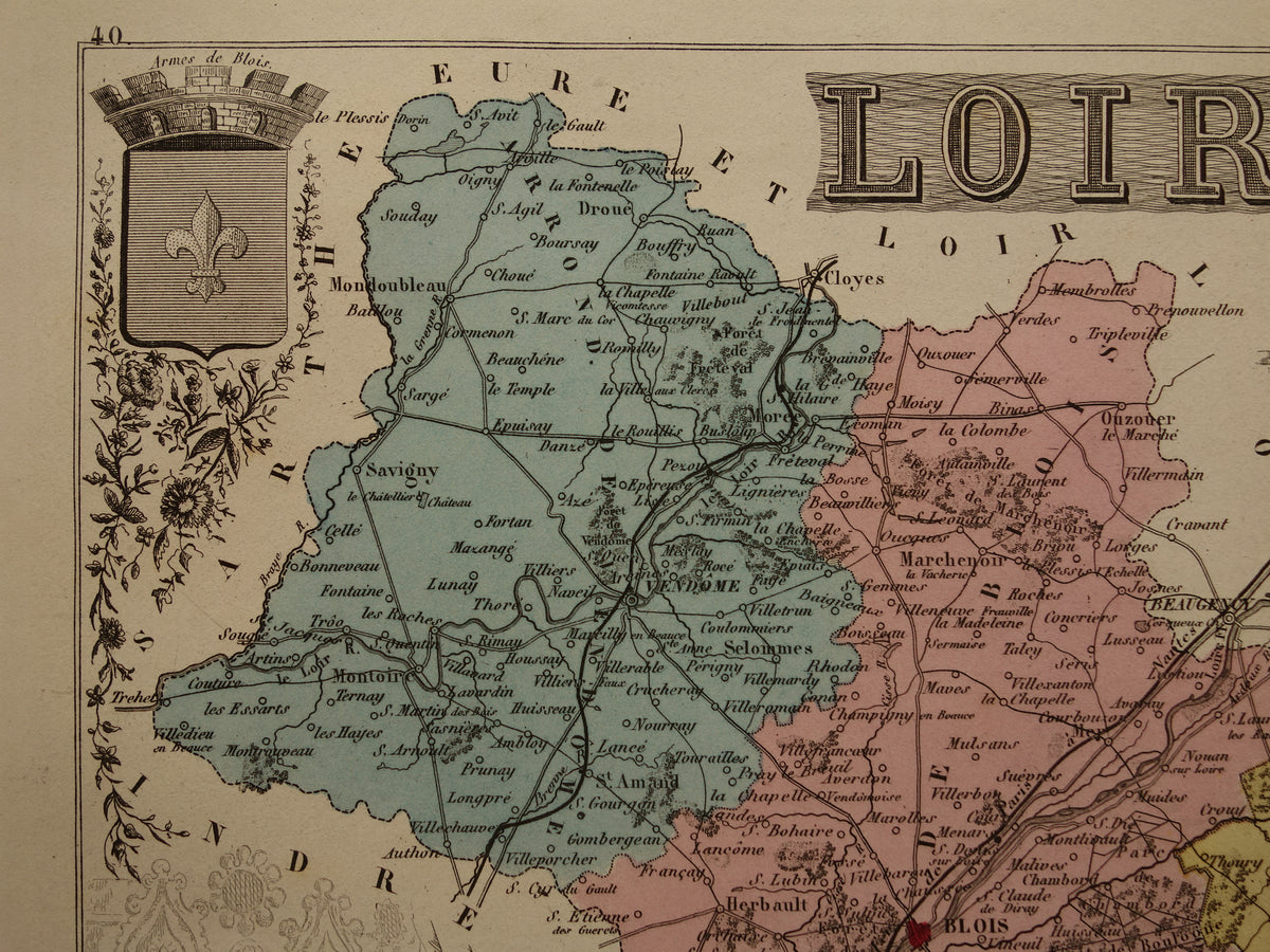 Oude kaart van Loir et Cher departement in Frankrijk uit 1876 originele antieke handgekleurde landkaart Blois Vendôme Vineuil Salbris