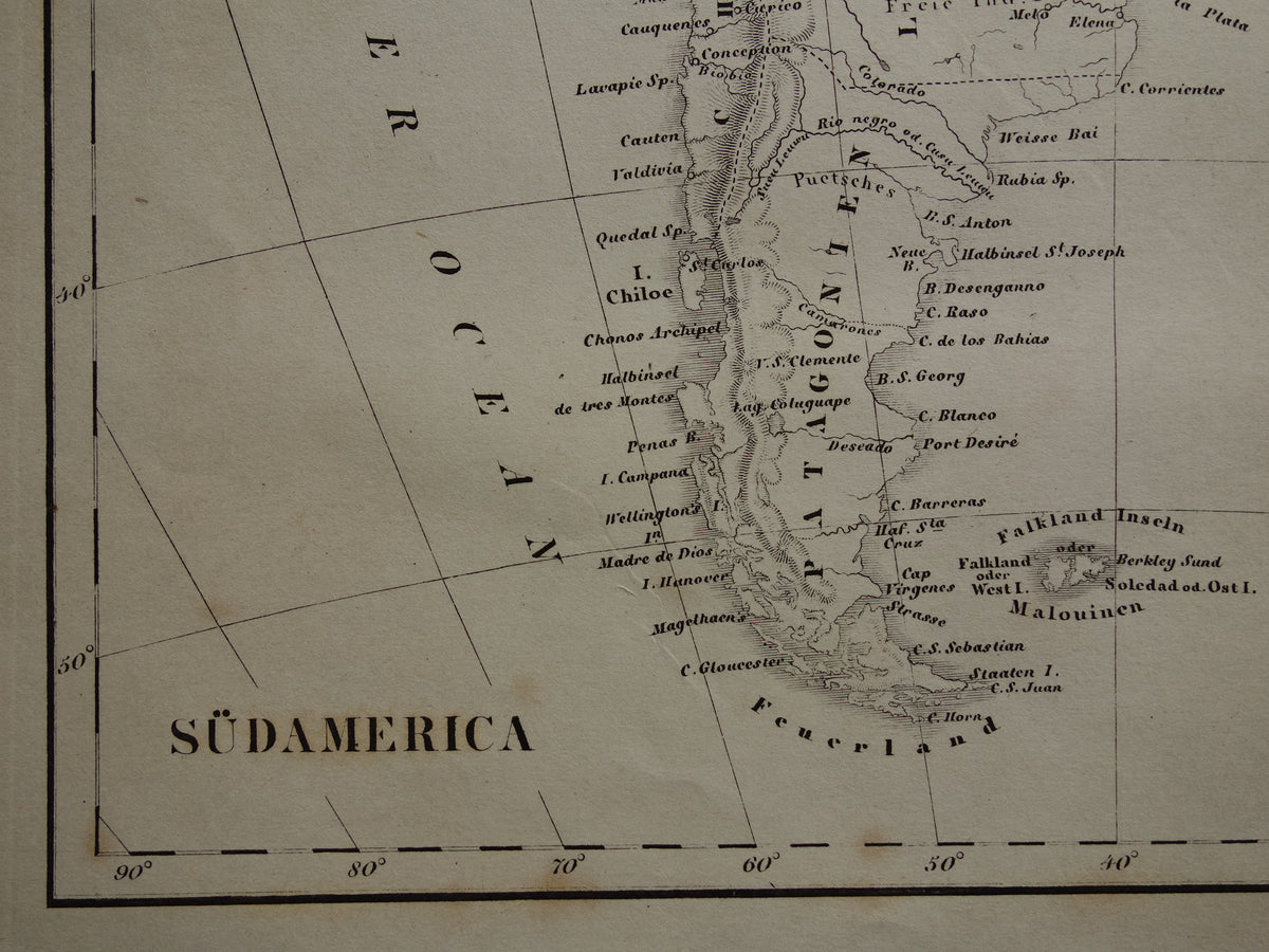 SOUTH AMERICA antique map 170+ year old map of continent from 1849 - original vintage historical maps Brazil Patagonia Suriname