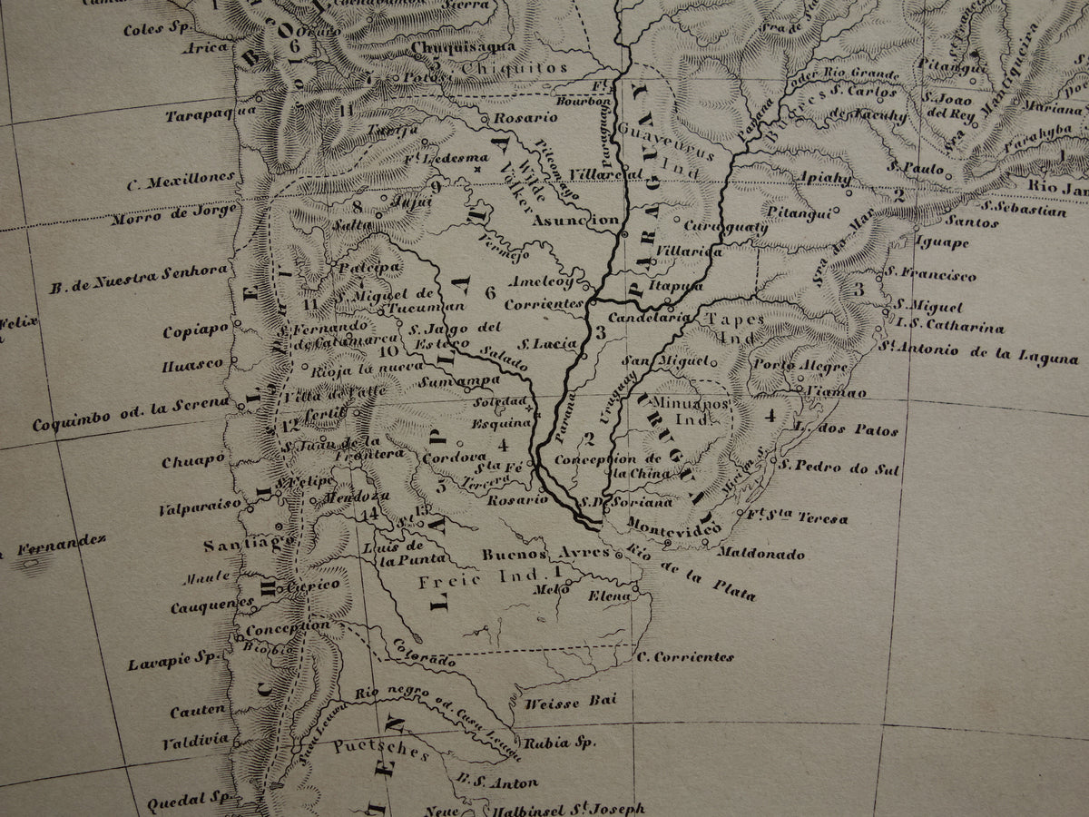SOUTH AMERICA antique map 170+ year old map of continent from 1849 - original vintage historical maps Brazil Patagonia Suriname