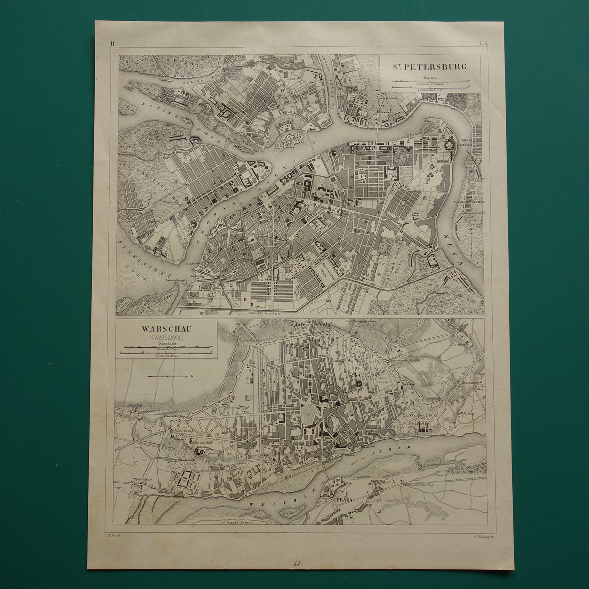 Warsaw and St Petersburg antique map 170+ year old map of Warsaw and St Petersburg from 1849 original vintage maps