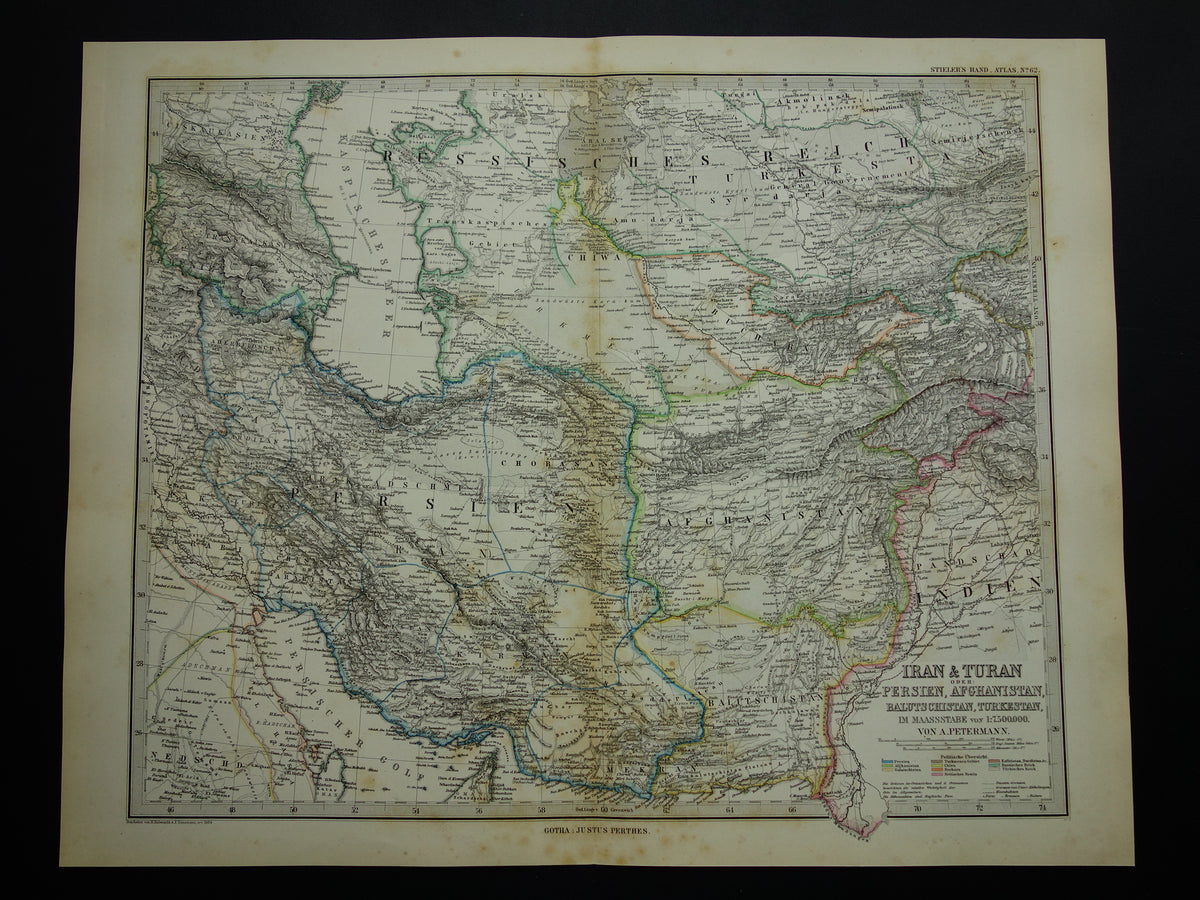 Oude kaart van IRAN uit 1884 Antieke handgekleurde landkaart Perzië Turkmenistan Kaukasus