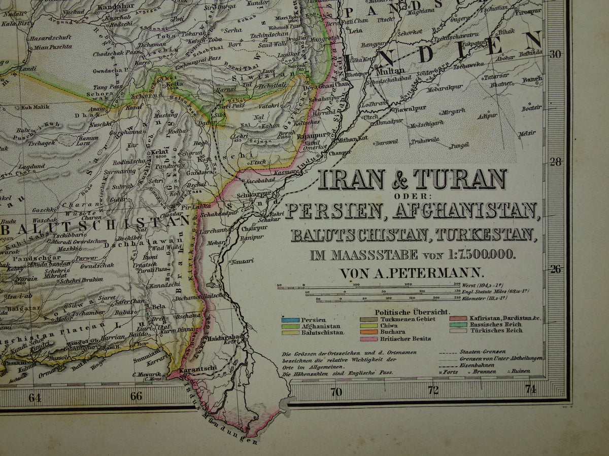 Oude kaart van IRAN uit 1884 Antieke handgekleurde landkaart Perzië Turkmenistan Kaukasus