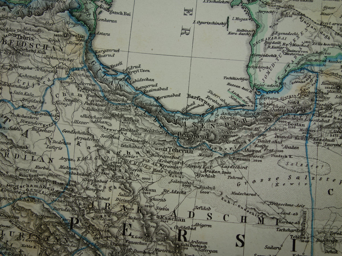 Oude kaart van IRAN uit 1884 Antieke handgekleurde landkaart Perzië Turkmenistan Kaukasus