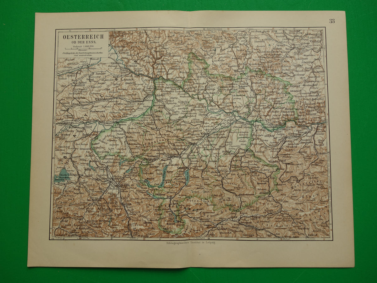 Austria old map original antique map from 1906 Linz Salzburg Ried vintage maps